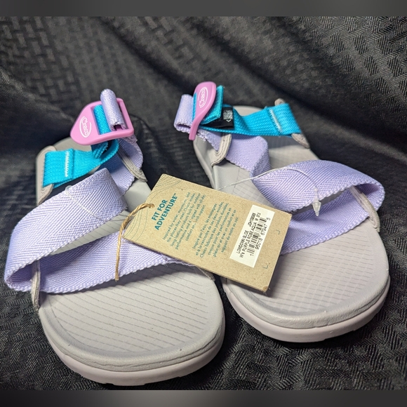 Light Pink, Lavender and Baby Blue Strap Chaco Lowdown Slides. - Picture 2 of 6